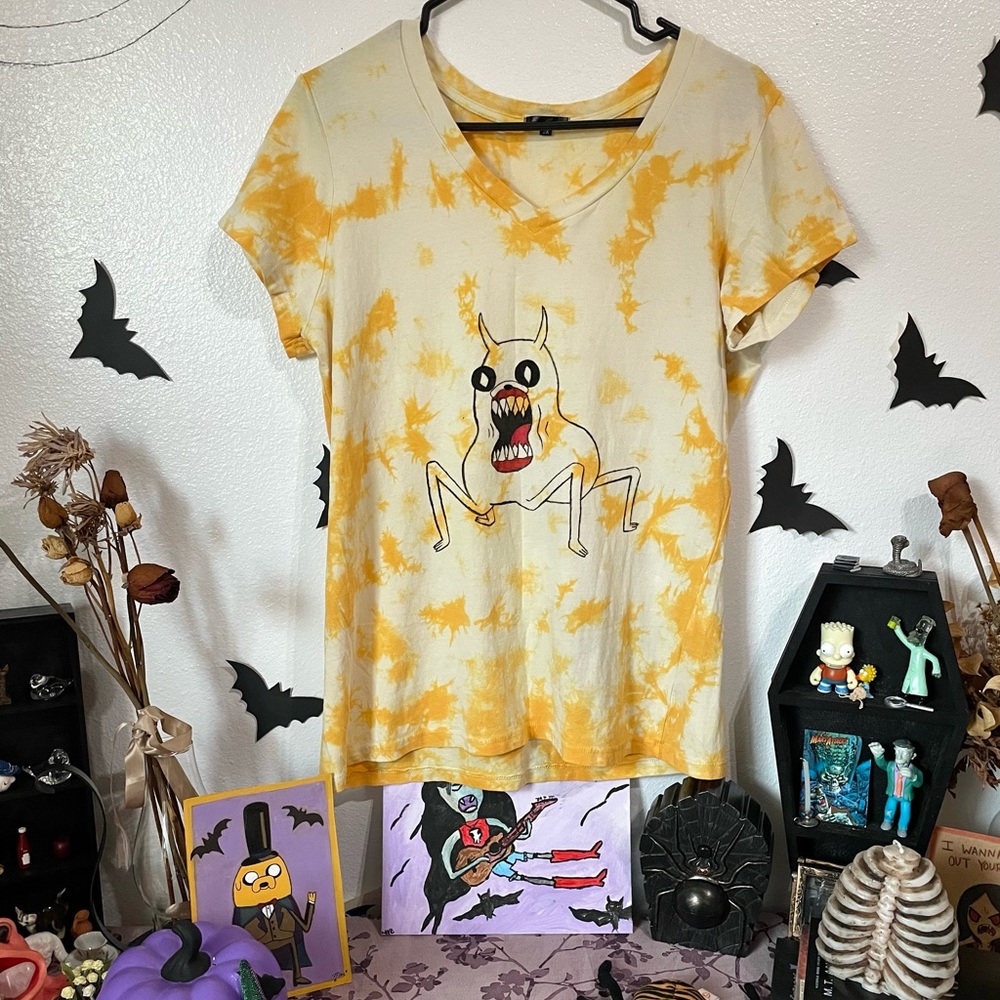 Adventure time scary Jake the Dog hand painted tie dye v neck tee - Picture 13 of 17
